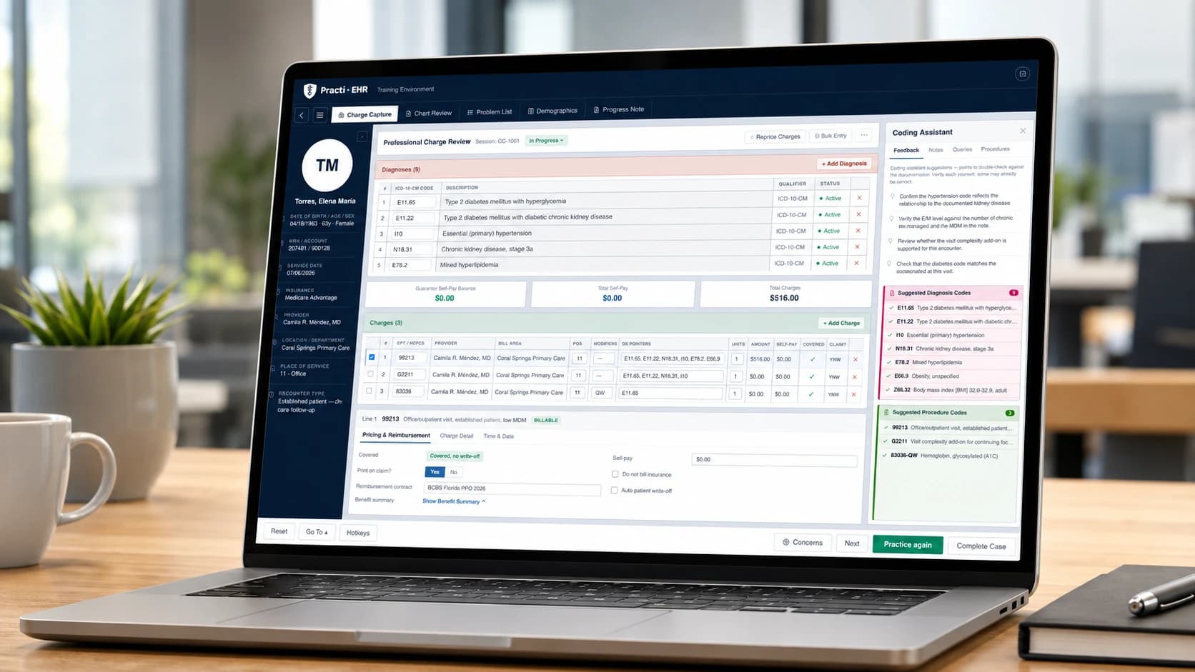 EHRCode open on a laptop, with a charge capture case under review: ICD-10-CM diagnoses, CPT charges and the Coding Assistant panel